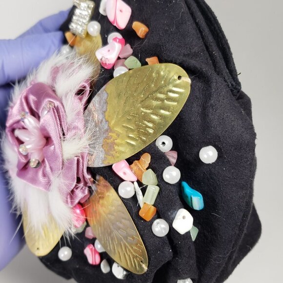 Black Coin Purse with Pink Satin Flower, Gems & Gold Leaf – Statement Mini Bag - Picture 6 of 11